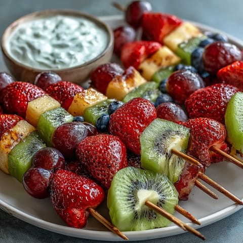 Fun Kid Lunch Bento Box with Fruit Skewers and Dip featuring colorful fruit kebabs, creamy yogurt dip, and wholesome sandwich bites—perfect for school lunches or picnics.