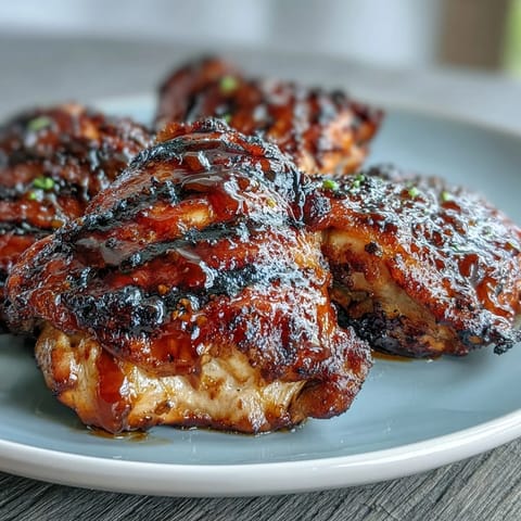 Juicy honey garlic grilled chicken thighs with a caramelized, sticky glaze, perfect for summer barbecues.  