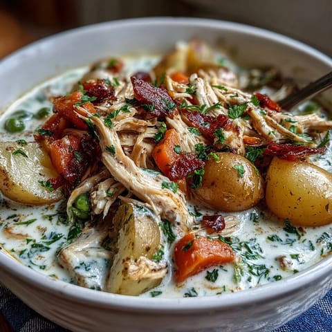 Creamy Slow Cooker Chicken Pot Pie Soup with tender chicken and hearty vegetables in a savory, comforting broth.