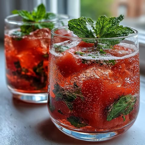 Refreshing watermelon mint vodka spritz mocktail with vibrant pink hue, fresh mint sprigs, and citrus garnish in chilled glasses.