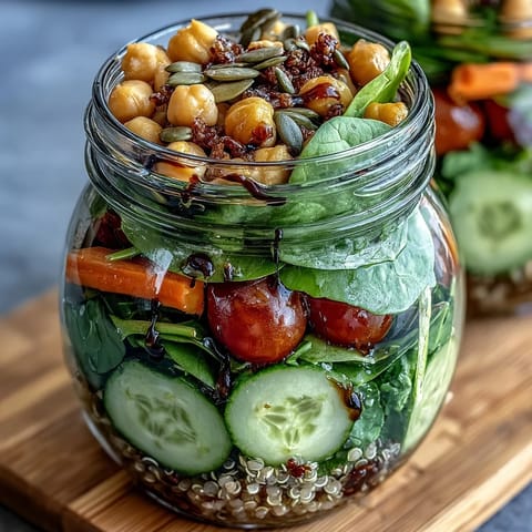 Fresh and crisp mason jar salads packed with quinoa, chickpeas, and leafy greens—perfect for a healthy lunch on the go.  