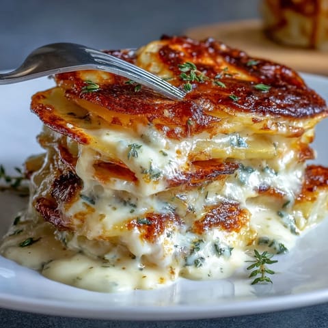 Creamy scalloped potatoes with Gruyere cheese, baked to golden perfection with a rich, garlicky cream sauce and bubbling cheese topping.