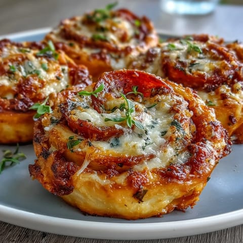 Warm, flaky pizza pinwheels stuffed with zesty marinara, melted cheese, and pepperoni—ideal appetizer for any occasion.  