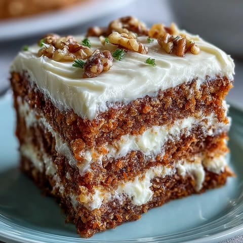 Easter dessert table featuring carrot cake with cream cheese frosting, pavlova with fresh berries, and lemon tart on a white tablecloth.