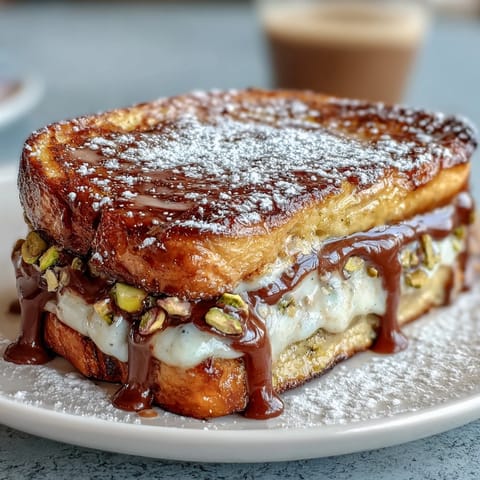 Golden Dubai Chocolate Pistachio Croissant French Toast with melted chocolate inside.