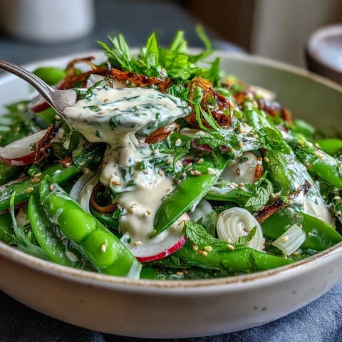 Vibrant snap pea radish spring salad with creamy tahini dressing on a platter.