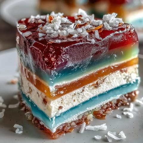 Vibrant Rainbow Jelly Cake with coconut cream, a visually stunning dessert.
