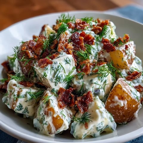 Memorial Day Potato Salad with dill and bacon, a creamy, hearty side dish.