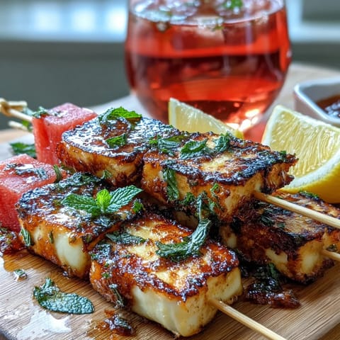 Grilled Halloumi Skewers with Watermelon and Mint, a colorful summer appetizer.