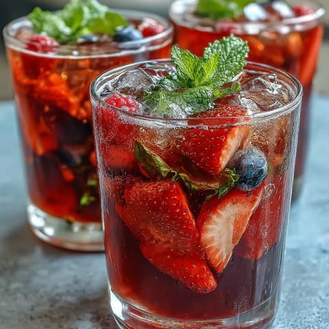 Vibrant iced hibiscus berry tea garnished with mint and fresh fruit slices.