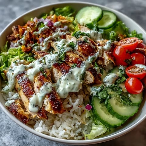 Hearty Middle Eastern Shawarma Bowl with fluffy rice and creamy lemon-tahini dressing.