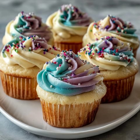 Fluffy Gemini Birthday Cupcakes with a vibrant, dual-tone buttercream swirl and sprinkle topping.