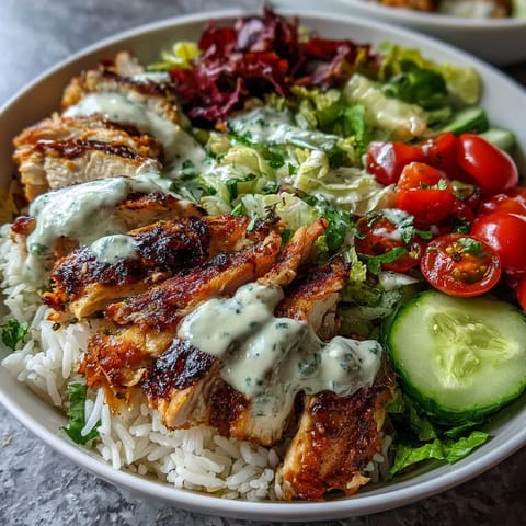 Middle Eastern Shawarma Bowl bursting with spiced chicken, fresh veggies, and tahini.