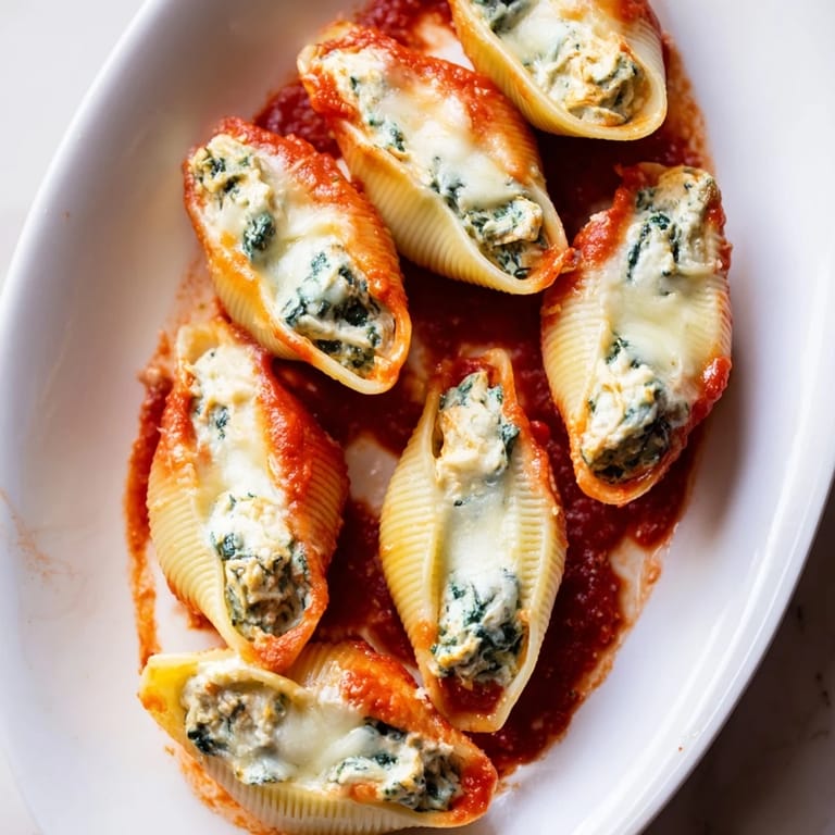 A close-up of baked stuffed shells: jumbo pasta overflowing with creamy ricotta filling, ready to serve.