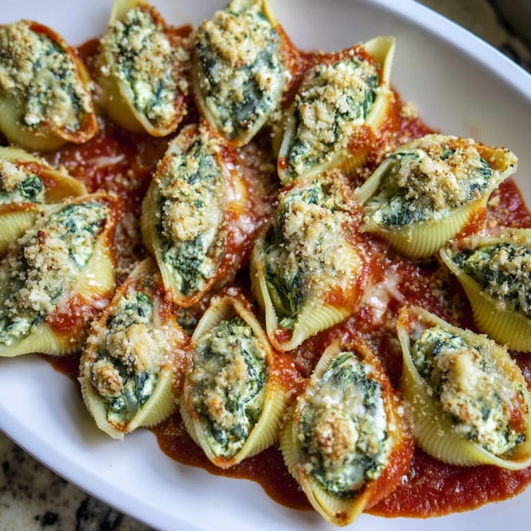 Italian comfort food: steaming stuffed shells, with spinach and cheese, baked until golden brown.