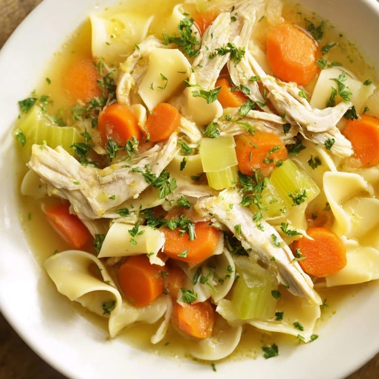 Homemade Chicken Noodle Soup served in a white bowl, with flavorful broth and garnished fresh parsley, ready to eat.