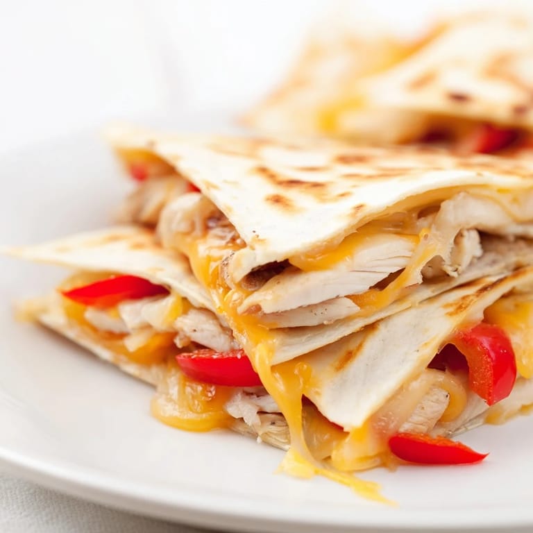 A warm, flavorful Chicken Quesadilla, sliced and ready, showing off the perfectly browned tortilla and filling.