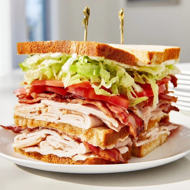Mouthwatering layers of turkey club sandwich, with crisp lettuce and toasted bread in a satisfying stack.