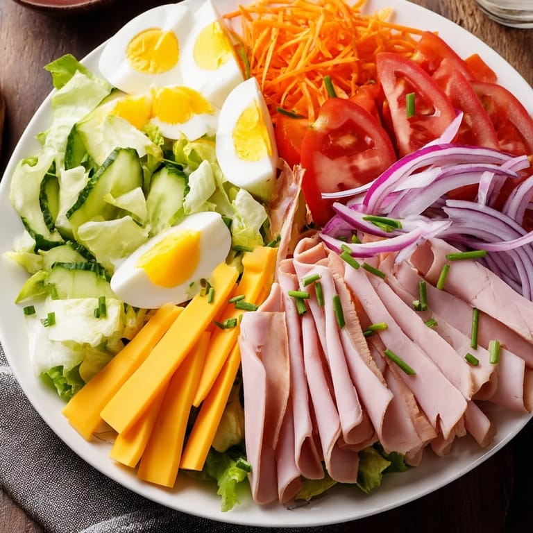 Fresh, colorful Chef Salad, layered with proteins, Swiss cheese, and tomatoes, drizzled with vinaigrette for serving.