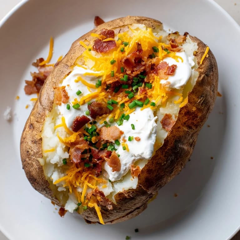 Close-up of a golden, crispy-skinned loaded baked potato, brimming with cheese and bacon goodness.