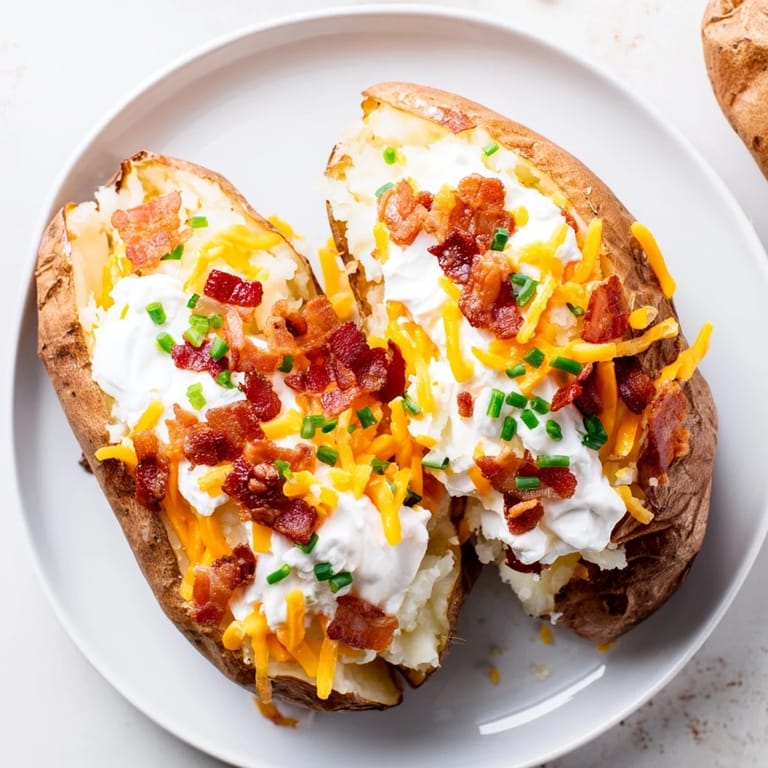 A generously stuffed, steaming loaded baked potato with creamy toppings, perfect for dinner tonight.