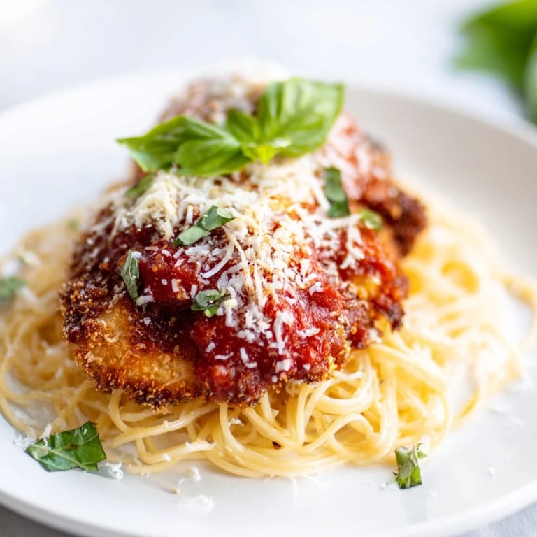 Homemade Chicken Parmesan, boasting crispy, breaded chicken and melted mozzarella, ready to serve over pasta.
