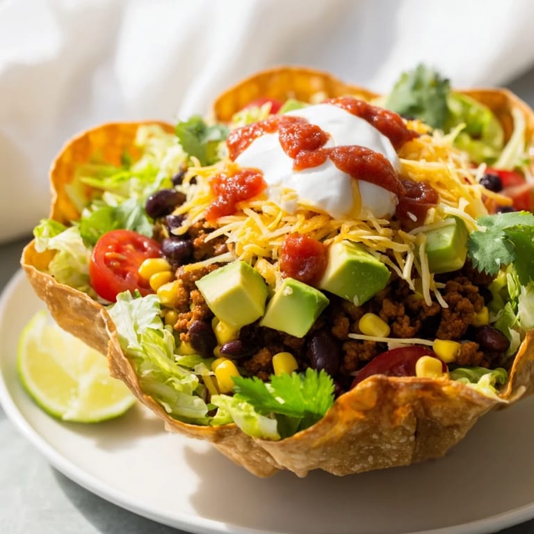 Enjoy a colorful taco salad, beautifully layered with beans, cheese, and fresh ingredients, ready to eat.