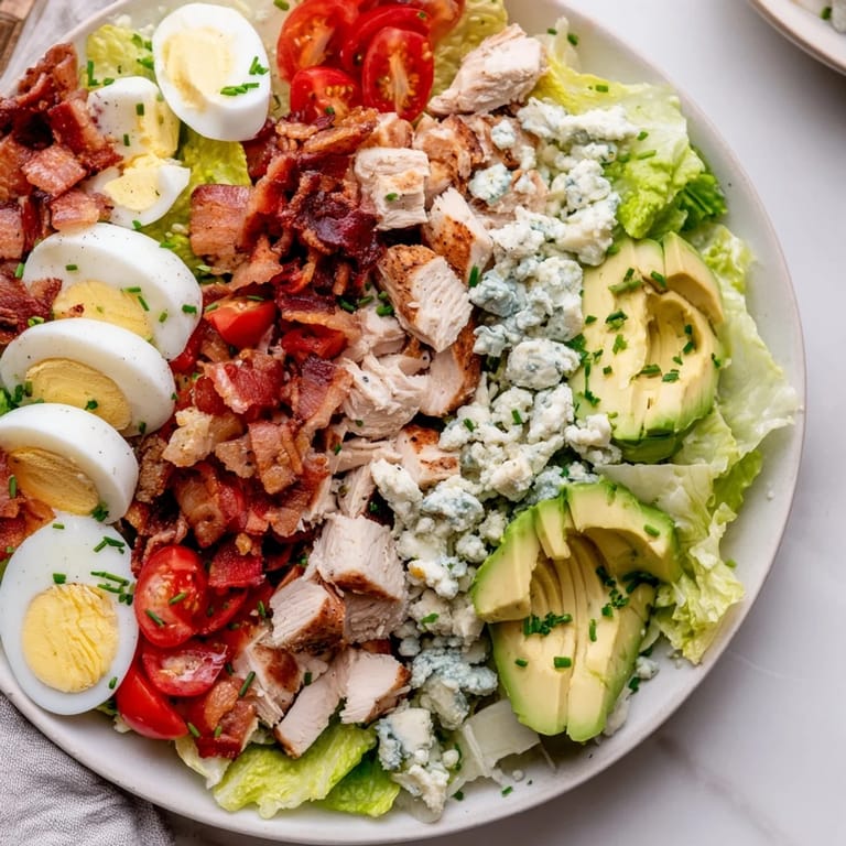Homemade Cobb salad featuring fresh ingredients and a zesty vinaigrette dressing is arranged.