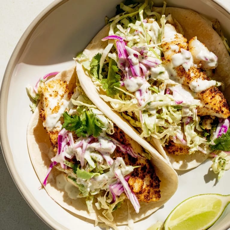 Golden-brown, crispy fish tacos overflowing with toppings and a fresh squeeze of lime.