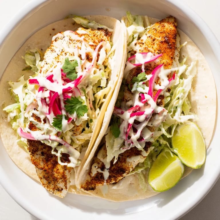 Enjoy homemade fish tacos, featuring flaky white fish with cool, crunchy slaw.