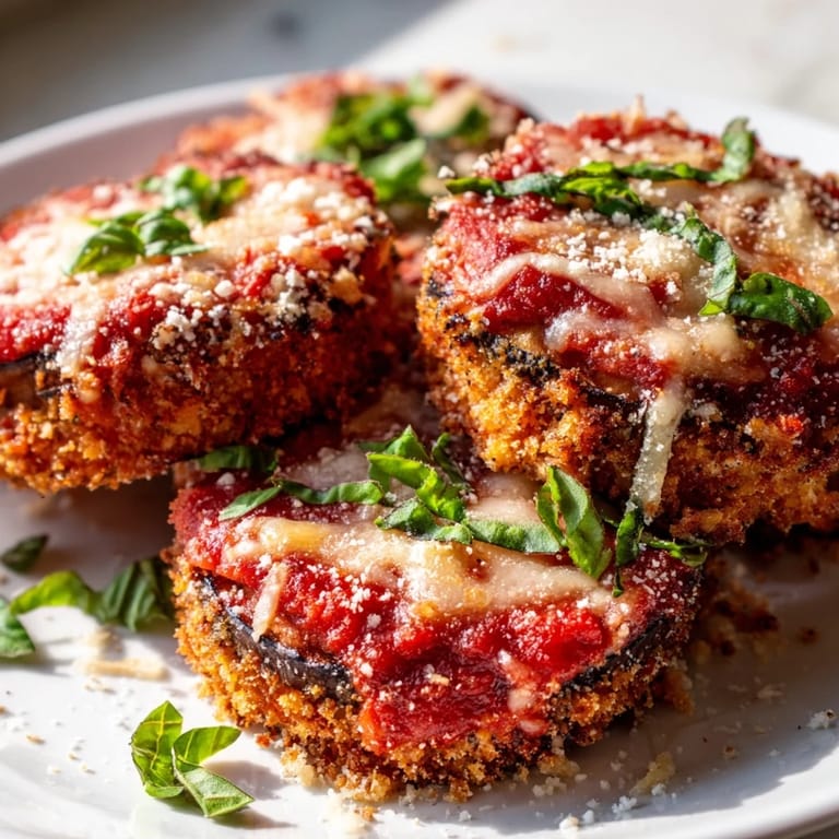Mouthwatering visual: Crispy Eggplant Parmesan, baked with melted mozzarella and fresh basil garnish.