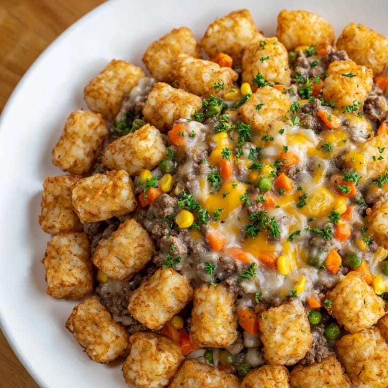 Warm, creamy Tater Tot Casserole with melted cheese and savory ground beef, ready to be served.