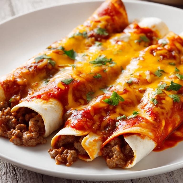 Homemade Beef Enchiladas, smothered in vibrant red sauce, served hot and bubbling in a baking dish.