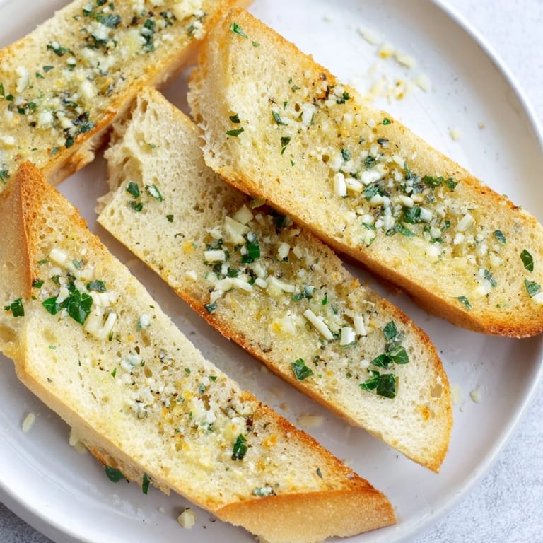 Close-up of golden garlic bread, a buttery, herb-infused side, fresh from the oven, fantastic.