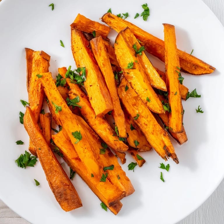 Oven-baked sweet potato fries, a delightful side dish with a slightly smoky aroma and perfect texture.