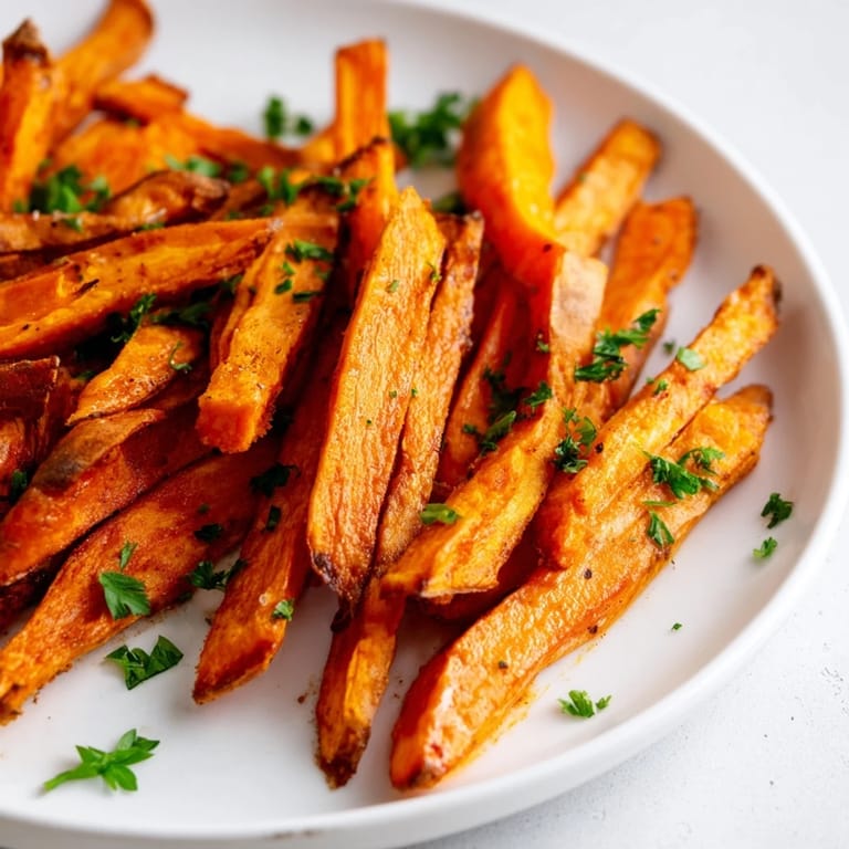 Close-up of freshly made sweet potato fries, ready to eat alongside a refreshing dipping sauce.