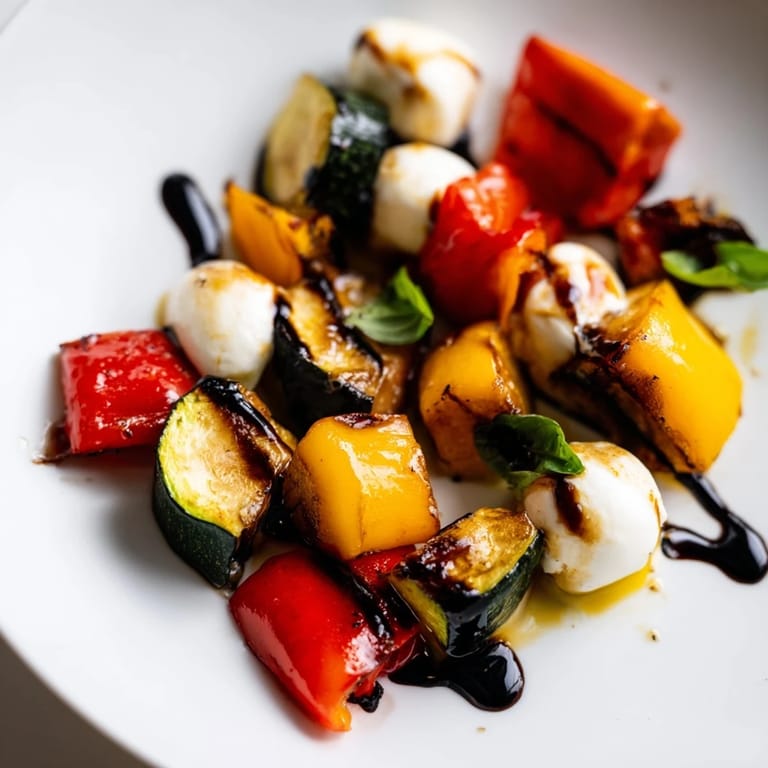 A close-up of Roasted Veggie Caprese Salad, featuring caramelized vegetables, creamy mozzarella, and a glossy balsamic glaze drizzle.