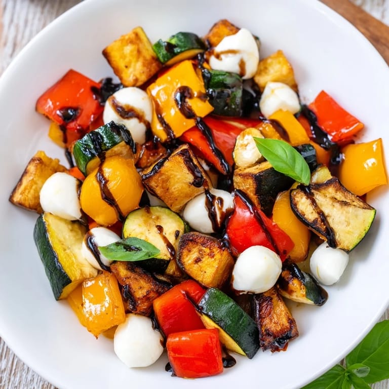 Colorful roasted vegetables, mozzarella pearls, and fresh basil create an appetizing Roasted Veggie Caprese Salad, served warm as a light lunch.