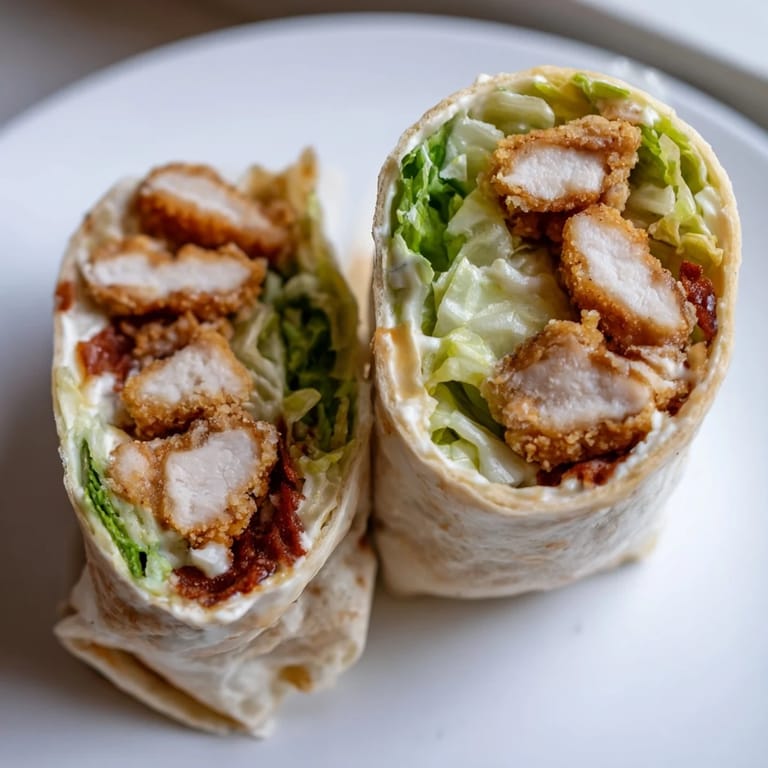 Golden Crispy Chicken Caesar Wrap slices halved, showcasing fresh romaine and Caesar dressing on a soft flour tortilla.