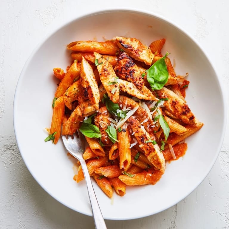 Spicy Tomato Chicken Pasta served steaming in a white bowl, perfect for a hearty dinner with a side salad and warm garlic bread.
