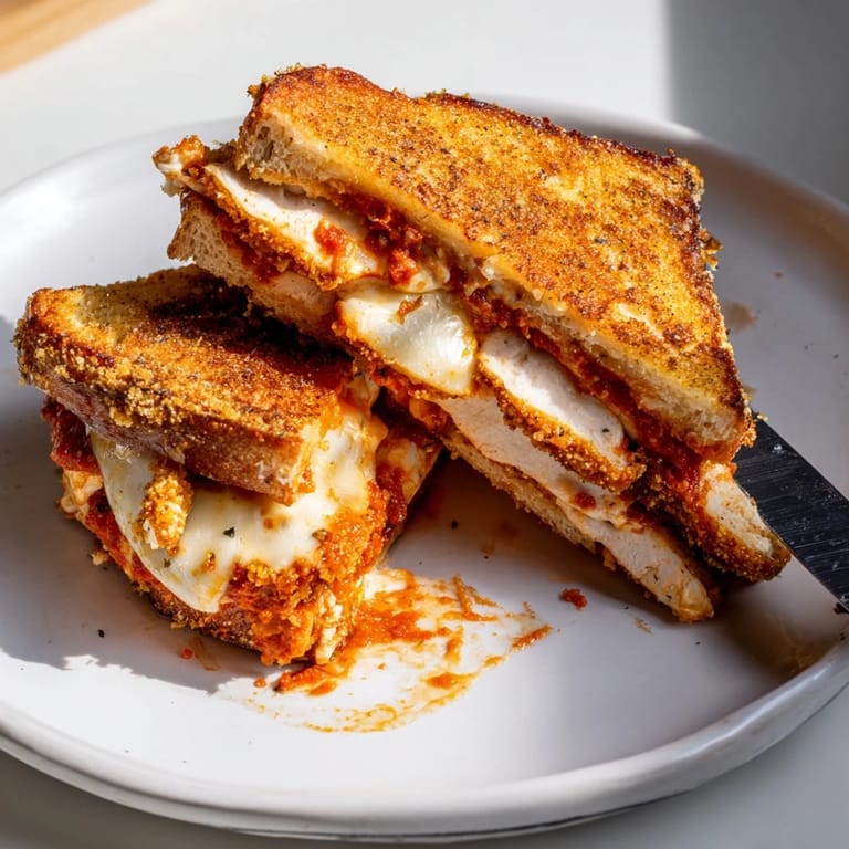 Crusty Italian bread encases a savory Chicken Parm Grilled Cheese, with a side of warm marinara dipping sauce for extra flavor.  
