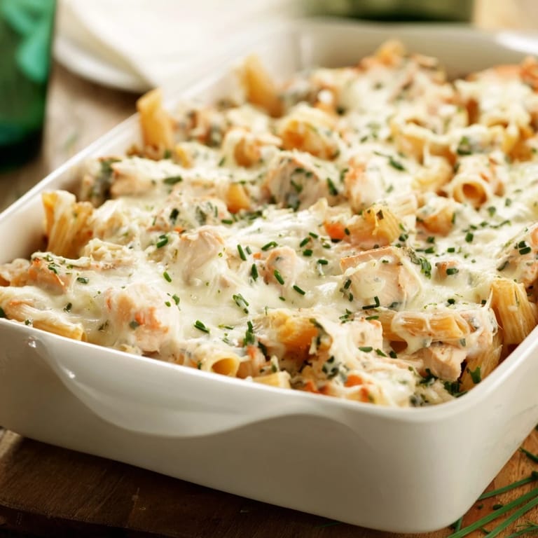 A hearty serving of Chicken Ranch Pasta Bake with creamy sauce and tender chicken, ready to eat.  