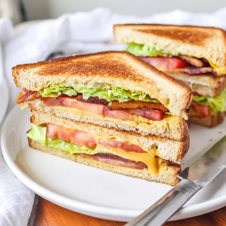 Grilled to perfection, this Vegan Bacon BLT features crispy tempeh strips, vibrant greens, and ripe tomato nestled between buttery golden bread.