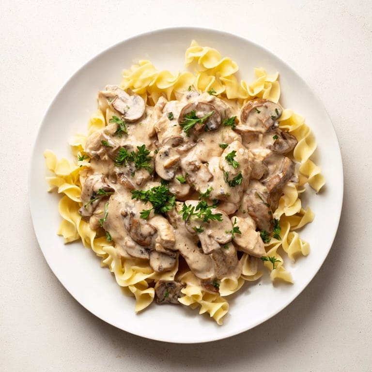 Hearty Chicken and Mushroom Stroganoff, garnished with fresh parsley, in a rustic skillet.