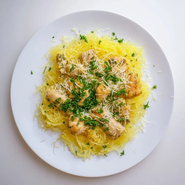 Ready-to-serve Lemon Garlic Chicken Spaghetti Squash, featuring a light Parmesan garnish and bright lemon wedges on the side.