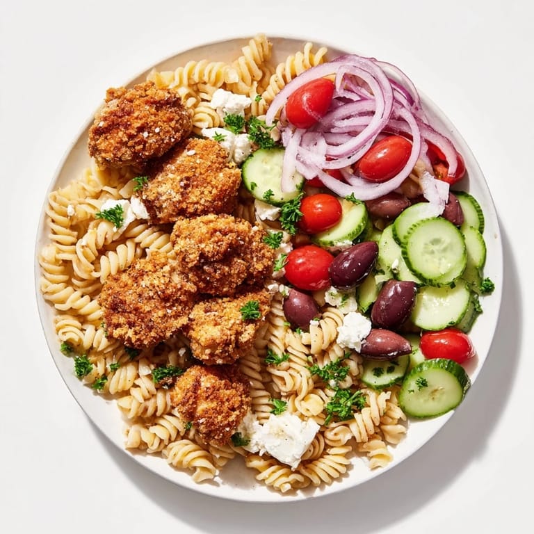 A close-up view of Crispy Chicken Greek Pasta showing al dente fusilli, Kalamata olives, and herbs drizzled with a zesty vinaigrette.  
