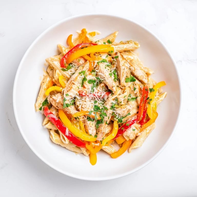 A close-up of Creamy Cajun Chicken Pasta Lite highlights tender chicken strips coated in a velvety, spicy Cajun sauce.  