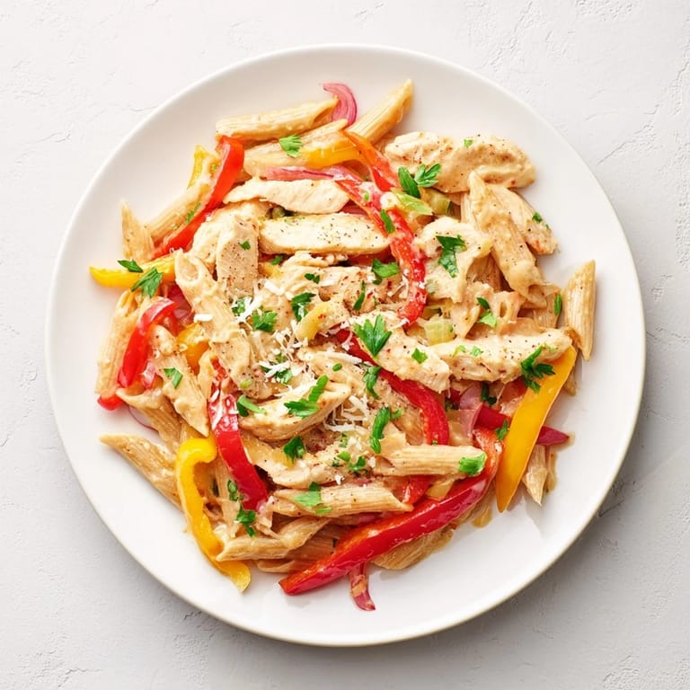 Family-style bowl of Creamy Cajun Chicken Pasta Lite with zesty lemon notes, ready to enjoy for a light weeknight dinner.