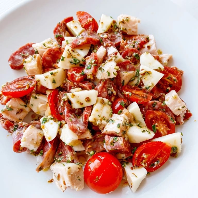A close-up of Italian Deli Chopped Chicken Salad, featuring chopped chicken, salami, provolone, and pepperoncini.  