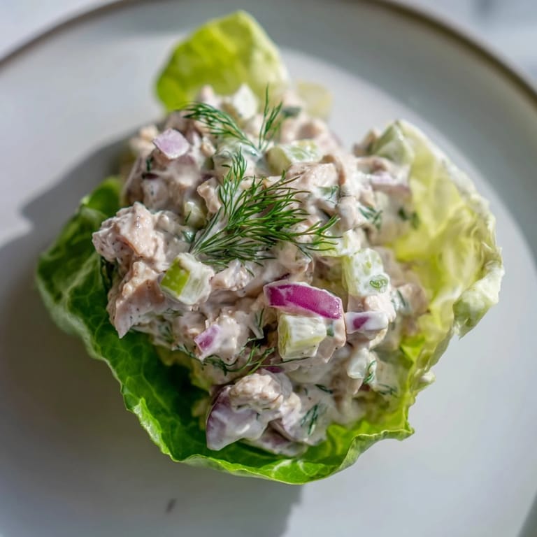 Gluten-free Dill Pickle Chicken Salad Lettuce Cups on a plate, garnished with dill and ready to serve.